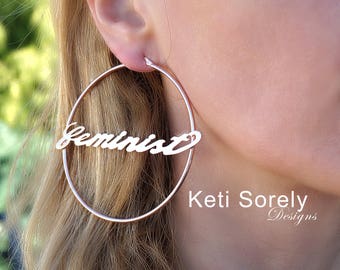 Custom Made large Hoop Earrings With Your Name in Script Font (Order Any Name) - Name Earrings in Yellow Gold, Rose Gold Or Sterling Silver