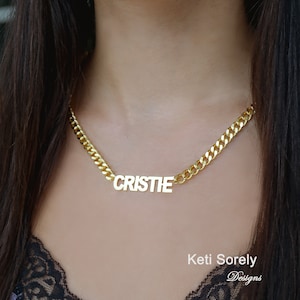 Personalized Name Necklace with Large Curb Chain in Sterling Silver, Yellow or Rose Gold, Modern Font Necklace for Man or Woman.