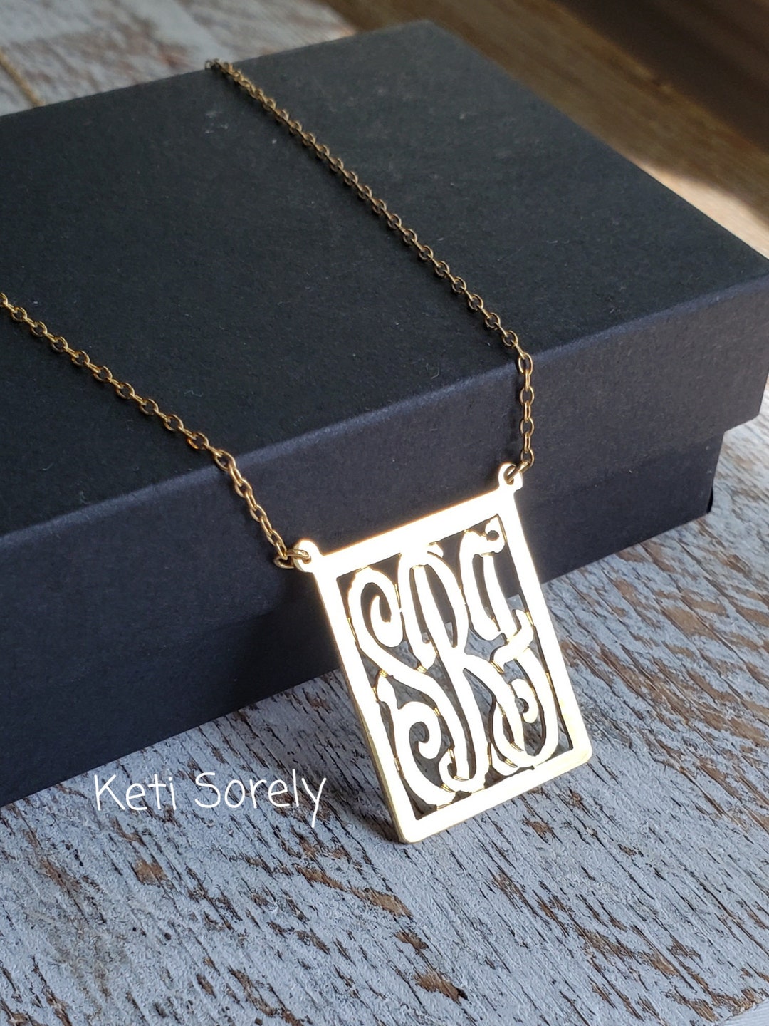 10K, 14K or 18K Solid Gold Rectangle Monogram Necklace in Yellow Gold ...