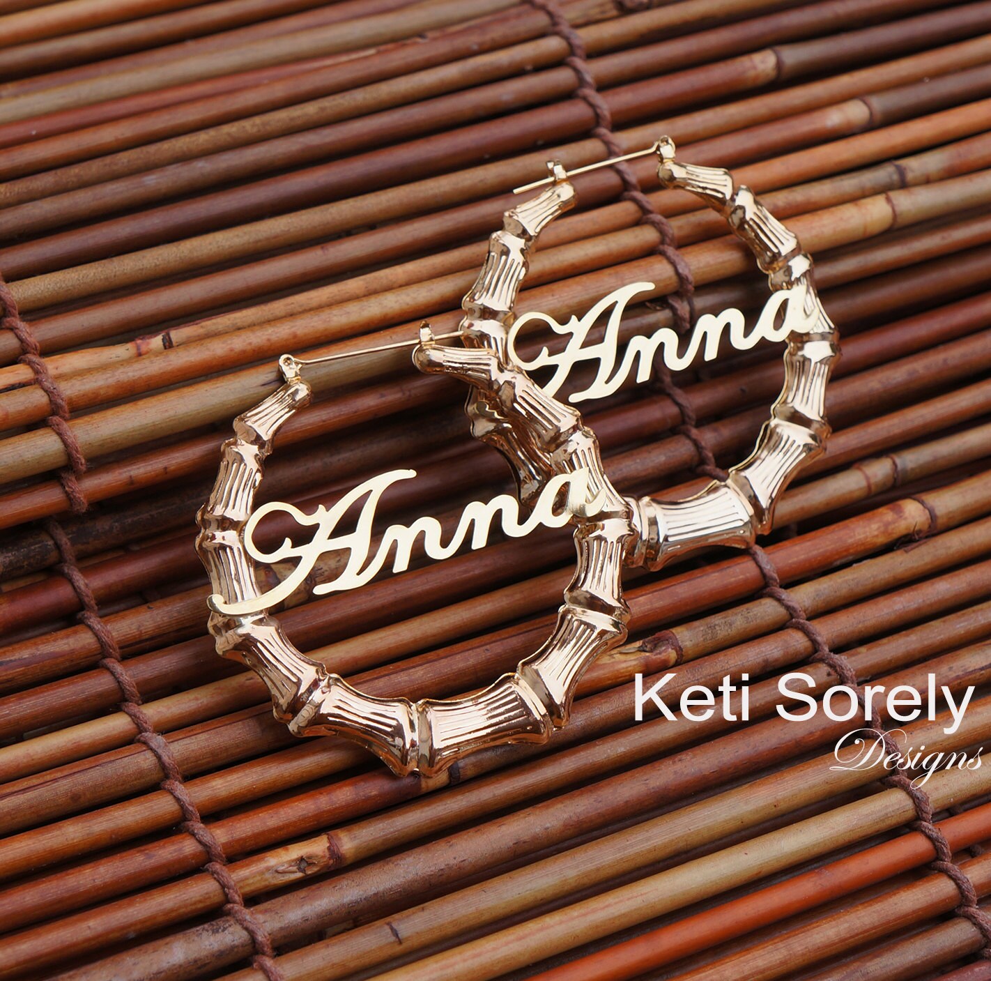 Sterling Silver Large Bamboo Name Earrings Door Knocker Hoop Etsy