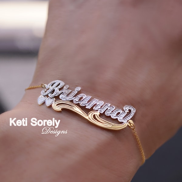 Solid Gold or Sterling Silver Large Name Bracelet, Two Tone Bling Name With Diamond Beading & Hearts in 10K, 14K or 18K Gold