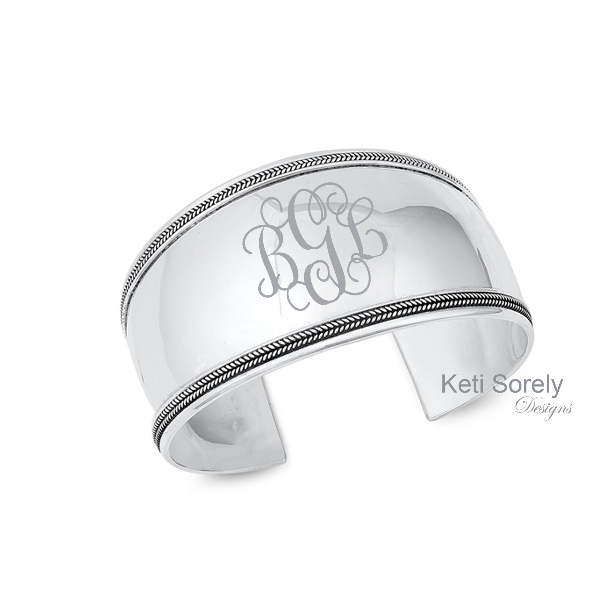 Sterling Silver Large Cuff Bangle With Engraved monogram Initials, Antiqued  Style Bangle with Ornaments.