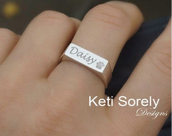 Unisex Signet Ring with Engraved Name, Paw Print, Date or Monogram,  Personalized Bar Ring in Silver, Yellow or Rose Gold.