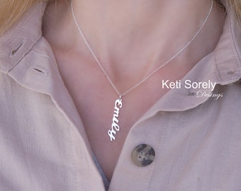 10K, 14K, 18K  Solid Gold Vertical Drop Name Pendant (Order Any Name) in Yellow, Rose or White Gold, Choose Your Desired Font