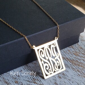 Handmade Rectangle Monogram Necklace With Personalized Initials in Sterling Silver, Yellow or Rose Gold