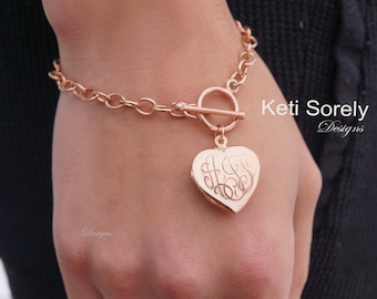 Hand Engraved Locket Bracelet with Monogram Initials, Personalize It With Photos in Sterling Silver, Yellow or Rose Gold, Gift for Woman