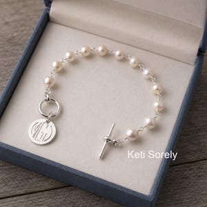 Natural Pearl Bracelet With Custom Engraved Monogram & Toggle Clasp.