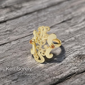 10K, 14K and 18K Gold or Sterling Silver, Vertical Initials Ring With Birthstones, Custom Designed Rings.
