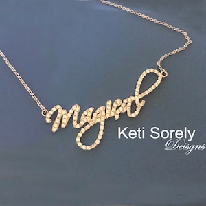 Handmade Fancy Script Name Necklace With Cubic Zirconia Stones (Order Any Name) -  Sterling Silver or Solid Karat Gold: 10K, 14K or 18K.