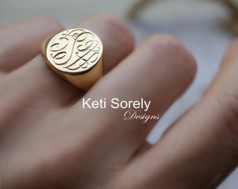 Sterling Silver Large Unisex Oval Signet Ring with Engraved Personalized Initials, Available in Yellow, Rose or White Gold, Monogram Ring