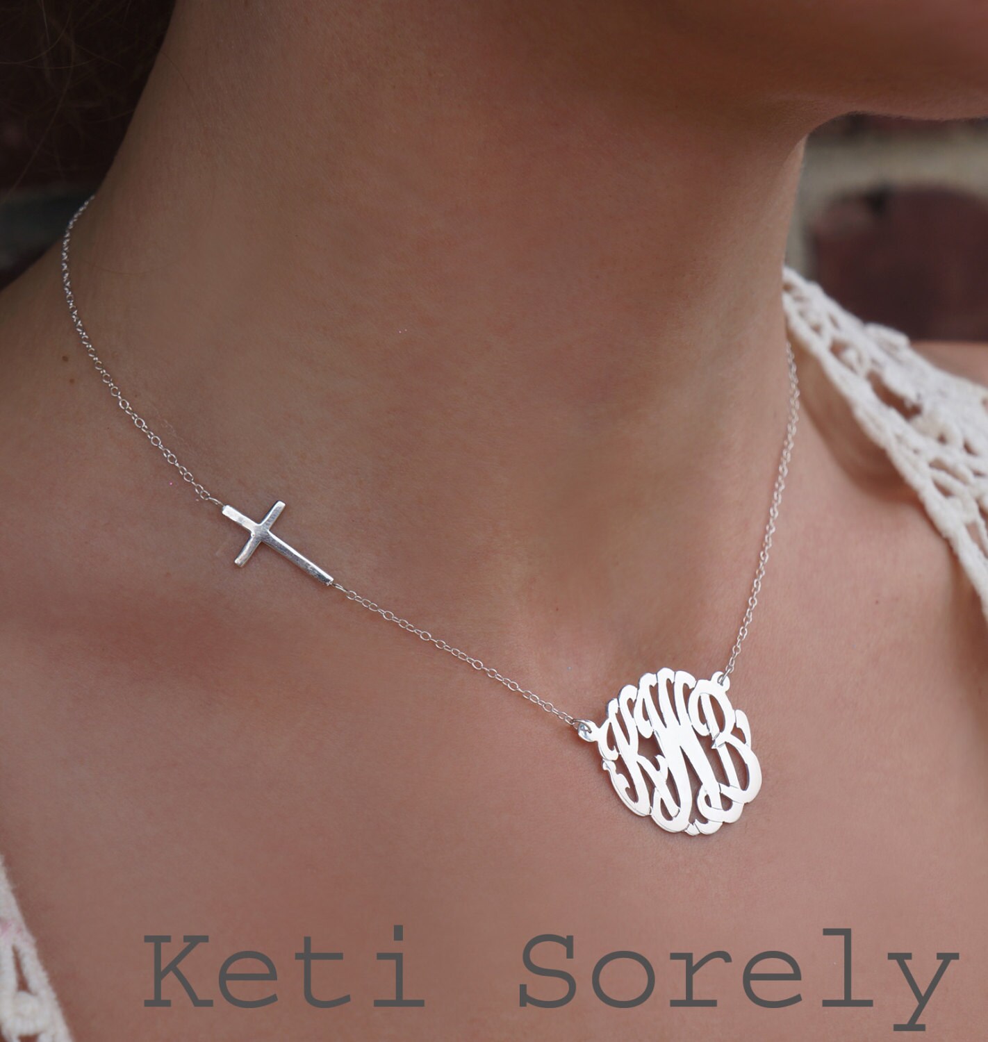 10K White Gold Monogram Necklace 