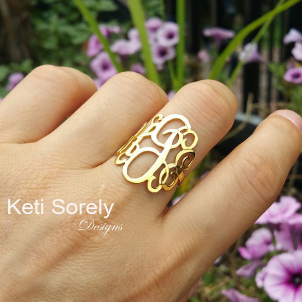 10K, 14K and 18K Gold or Sterling Silver - Swirly Monogram Ring - Personalized Large Initials Ring - White, Rose or Yellow Gold