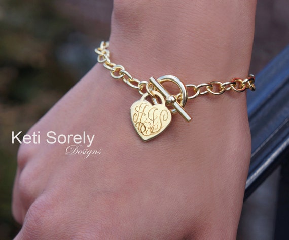 Monogram Charm Bracelet With Toggle Clasp And Heart Charm - Large Chain  with Tiffany Style Heart- Silver, Yellow Gold or Rose Gold