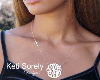 Monogram Necklace With Cross - Personalized Celebrity Style Sideways Cross Necklace - Sterling Silver, Yellow or Rose Gold