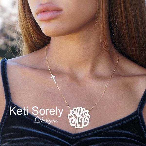 Monogram Necklace With Cross - Personalized Celebrity Style Sideways Cross Necklace - Sterling Silver, Yellow or Rose Gold
