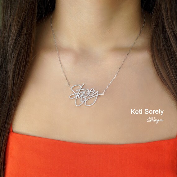 Large Script Name Necklace With Small Cubic Zirconia Stones Order Any Name Sterling Silver or Solid Karat Gold 10K 14K or 18K