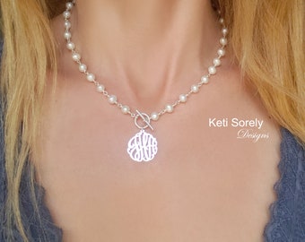 Natural Pearl Necklace with Monogrammed Initials & Toggle Clasp, Personalized Necklace in Sterling Silver, Yellow or Rose Gold,
