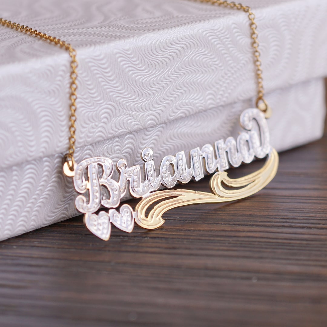 Personalized Nameplate Necklace With Diamond Beading, Two Tone