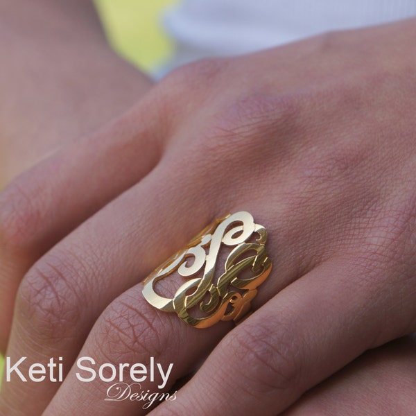 Large Monogram Ring 1", Personalized Initial Ring in Sterling Silver or 10K, 14K or 18K Solid Gold, Hand Crafted Statement Ring