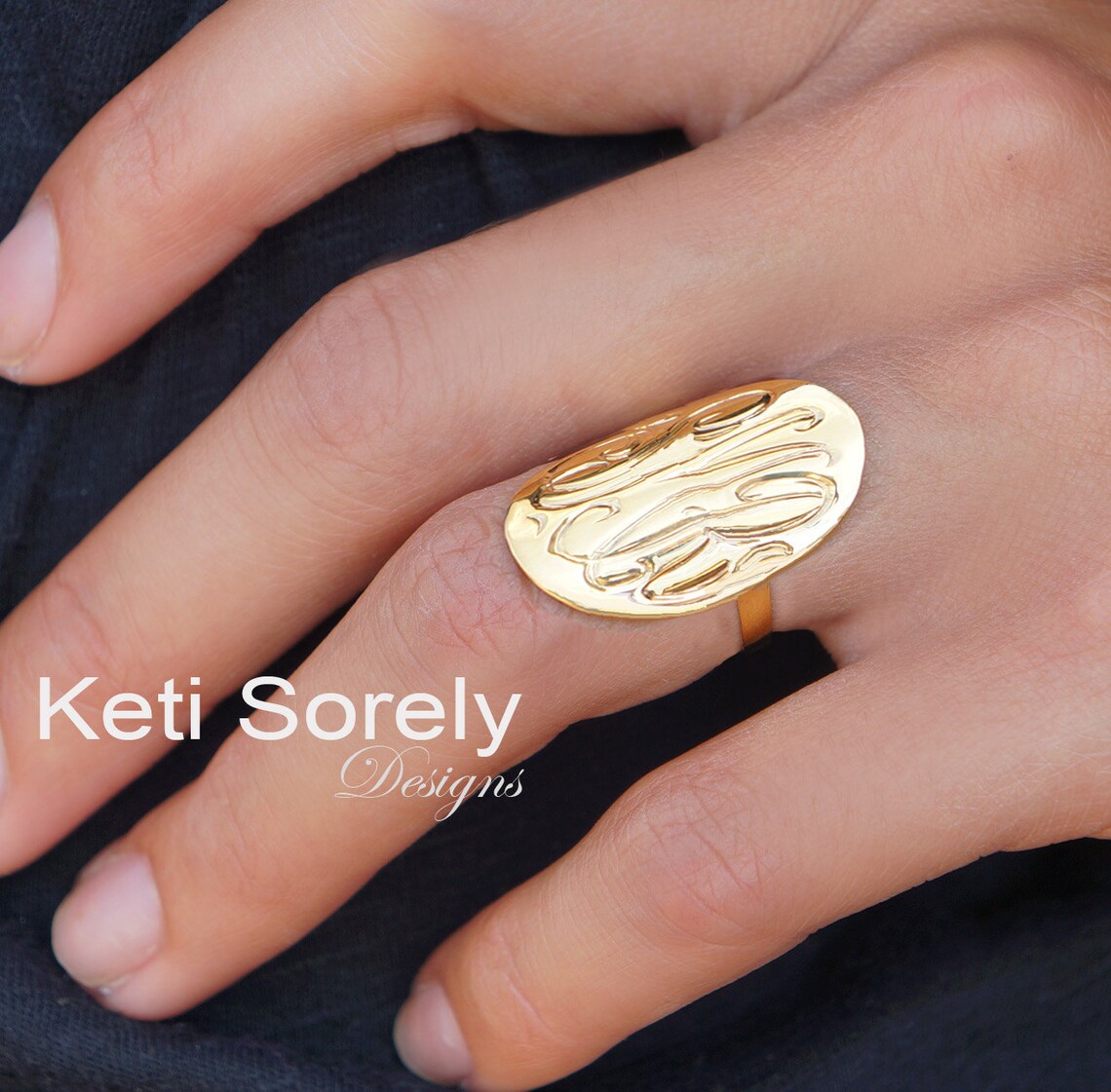 14k Gold Filled Large Monogram Initials Ring 1", Hand Engraved ...