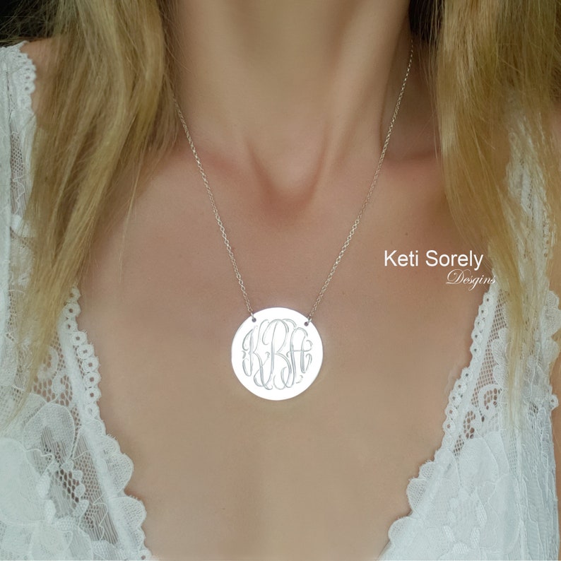 Monogram Initials Disc In Sterling Silver Monogrammed Disc Necklace Small to Large Sizes Order Any Initials Sterling Silver image 2