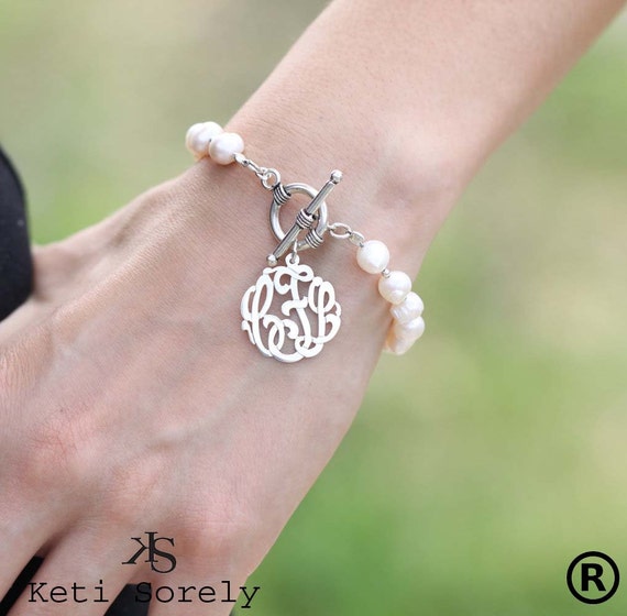 Pearl Bracelet With Monogram & Toggle Clasp. Personalized 