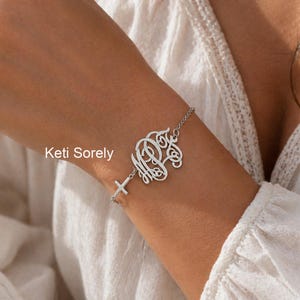 Celebrity Style Sideways Cross Bracelet with Monogram Initials Charm, Order Personalized Initials, Sterling Silver, 14K Gold Filled.