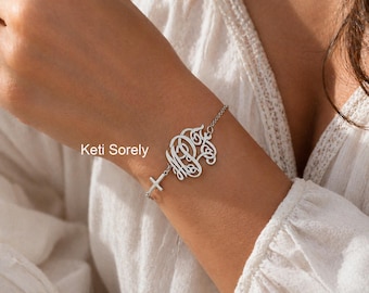 Celebrity Style Sideways Cross Bracelet with Monogram Initials Charm, Order Personalized Initials, Sterling Silver, 14K Gold Filled.
