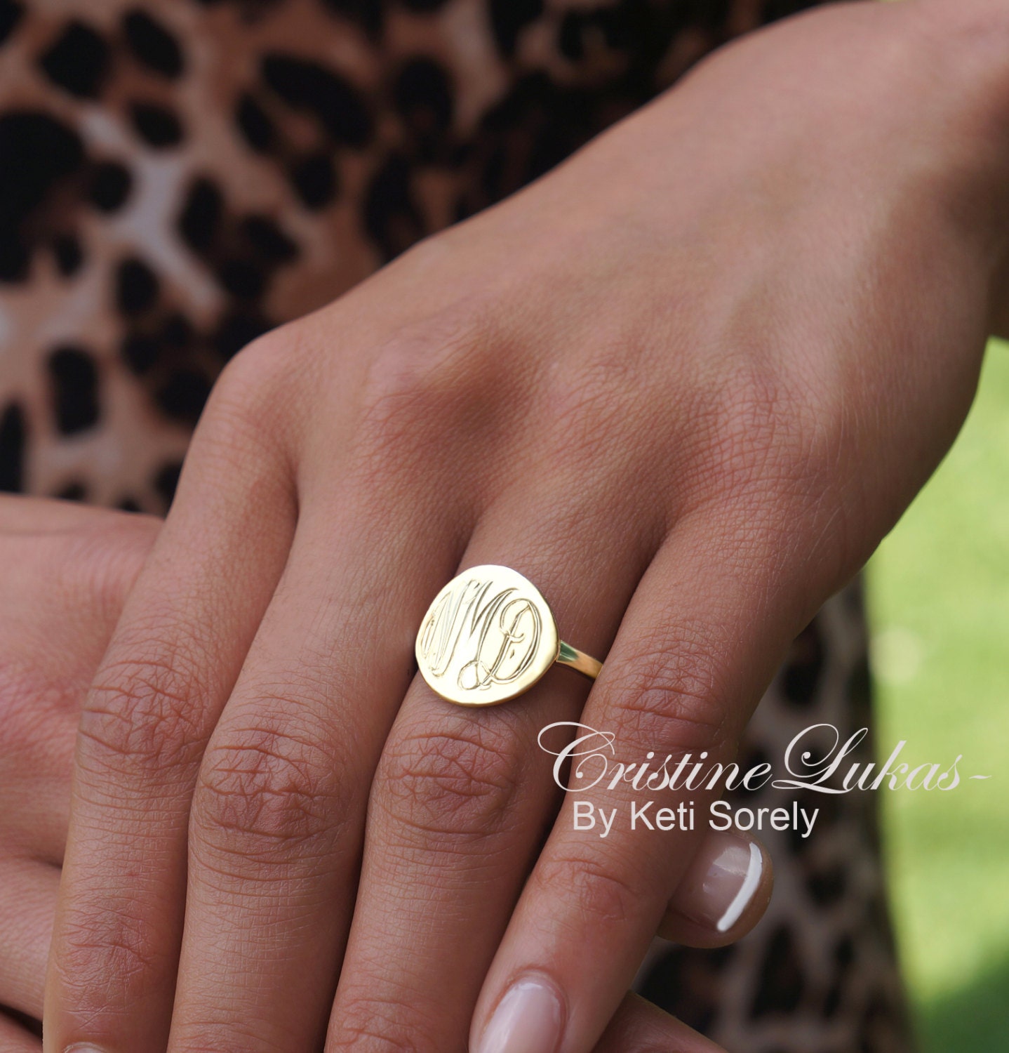 Engraved Monogram Ring in Sterling Silver Yellow Rose Gold 