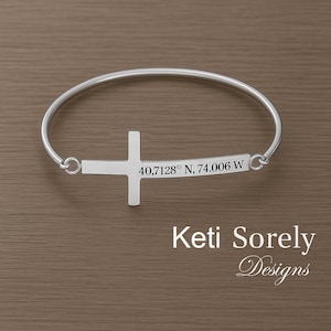 Brazalete de cruz lateral personalizado, grabe su nombre, fecha, iniciales, salmo, plata esterlina, oro amarillo o rosa, regalo de fe hecho a medida.