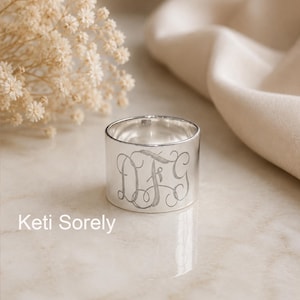 10K, 14K Solid Gold or Sterling Silver Hand Engraved Swirly Script Monogram Initials Tube Ring, (Order Any Initials)  Yellow, Rose or White.