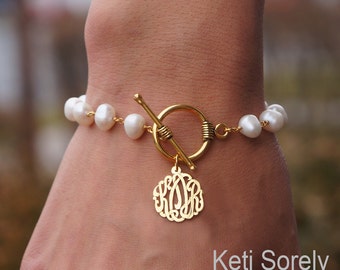 Monogram Initials Bracelet  with Cultured White Pearls, Toggle Bracelet (Order Your Initials) Sterling Silver, Yellow Gold or Rose Gold