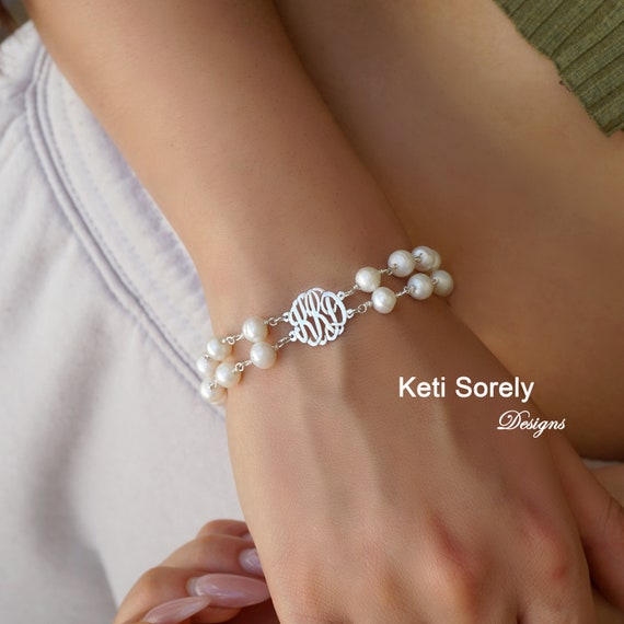 White Pearl Bracelet with Monogram Initials, Double String Freshwater  Pearls - Sterling Silver, Yellow Gold or Rose Gold