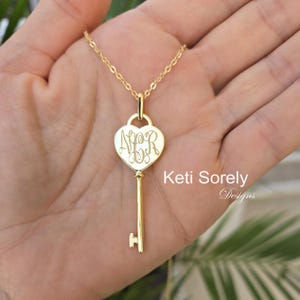 Personalized Key Pendant With Engraved Monogram On Heart in Sterling, Yellow Or Rose Gold, heart & Lock For Wife, Girlfriend, Daughter.