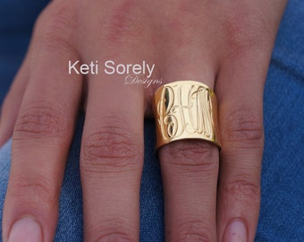 Monogrammed Tube Ring with Personalized  Initials in Sterling Silver, Yellow, Rose or White Gold - Tube Ring With Engrave Initials