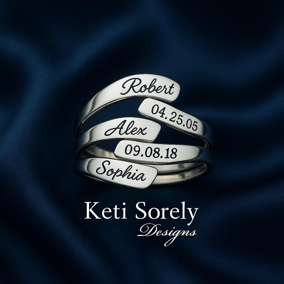 Family Names Ring, Large Family Tree Ring in Silver, Yellow