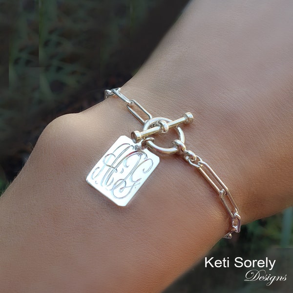 Hand Engraved Rectangle Charm Bracelet With Toggle Clasp & Paperclip Chain, Personalized Gift For Woman With Sturdy Chain