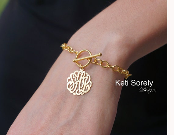 Monogram Bracelet with Large Chain, Toggle Bracelet (Order Your Initials) -  14K Gold Filled, Sterling Silver, Yellow Gold Or Rose Gold