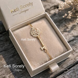 Sideways Key Bracelet with Monogram Initials, Small to Large Size, Solid Gold or Sterling.