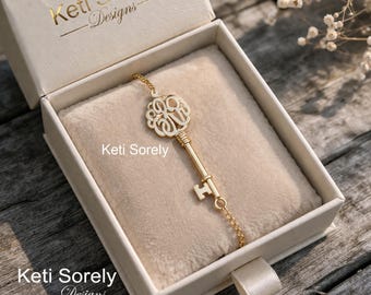 Sideways Key Bracelet with Monogram Initials, Small to Large Size, Solid Gold or Sterling.