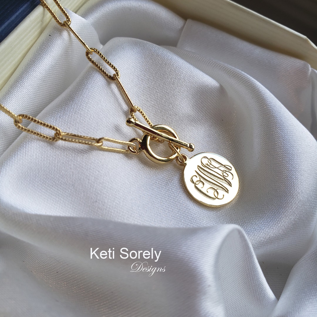 Paperclip Necklace With Toggle Clasp and Engraved Initials Pendant, Mini Monogram Charm in