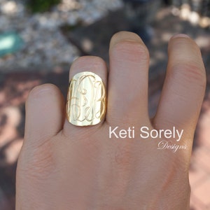 Large Monogram Ring, Hand Engraved Initials Ring 1&quot; - Oval Monogram in Sterling Silver, Yellow Gold, Rose Gold, White Gold, Disc Ring