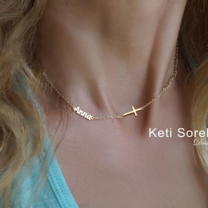 Dainty Name Necklace With Sideways Cross, Customize it With Name, Special Date, Inspirational Word or Psalm in Sterling, 10K Gold, 14K Gold