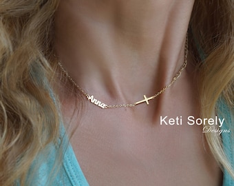 Dainty Name Necklace With Sideways Cross, Customize it With Name, Special Date, Inspirational Word or Psalm in Sterling, 10K Gold, 14K Gold