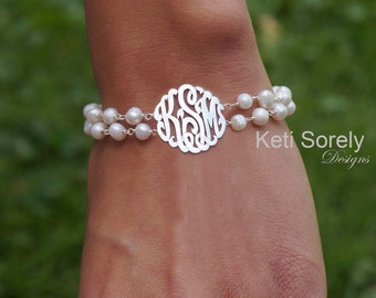 White Pearl Bracelet with Monogram Initials, Double String Freshwater Pearls - Sterling Silver, Yellow Gold or Rose Gold