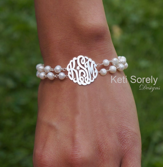 White Pearl Bracelet with Monogram Initials, Double String Freshwater  Pearls - Sterling Silver, Yellow Gold or Rose Gold