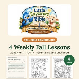 Könnte beinhalten: Ein digitales Lernset mit dem Titel The Little Explorers Through the Bible mit einem blauen Vogel und einem weißen Lamm. Enthält vier wöchentliche Herbstlektionen für 4- bis 5-Jährige, KJV-Text und ausdruckbare Malvorlagen mit herbstlichen Motiven.