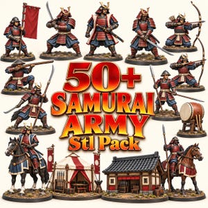 May include: A collection of miniature samurai figures in red and blue armor, including mounted warriors, archers, spearmen, and swordsmen, alongside a tent and a small building. The text 50+ SAMURAI ARMY Stl Pack is displayed in the center.