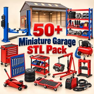 May include: A collection of miniature garage equipment including a blue car lift, red tool chests, a shelving unit with tyres and parts, a red engine hoist with an engine, a red air compressor, a welding machine, and various hand tools.