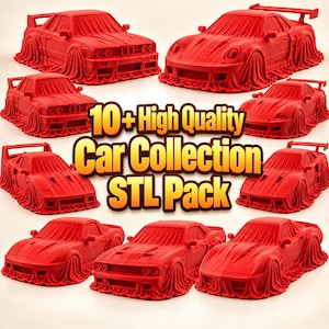 May include: A collection of ten red 3D printed car models, each featuring a draped fabric effect over the body. The text 10+ High Quality Car Collection STL Pack is centred in the middle of the arrangement of these various sports car figures.